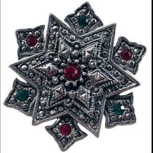 LIA SOFIA Silver Star Snowflake w/ Green & Red Crystals Brooch Pin